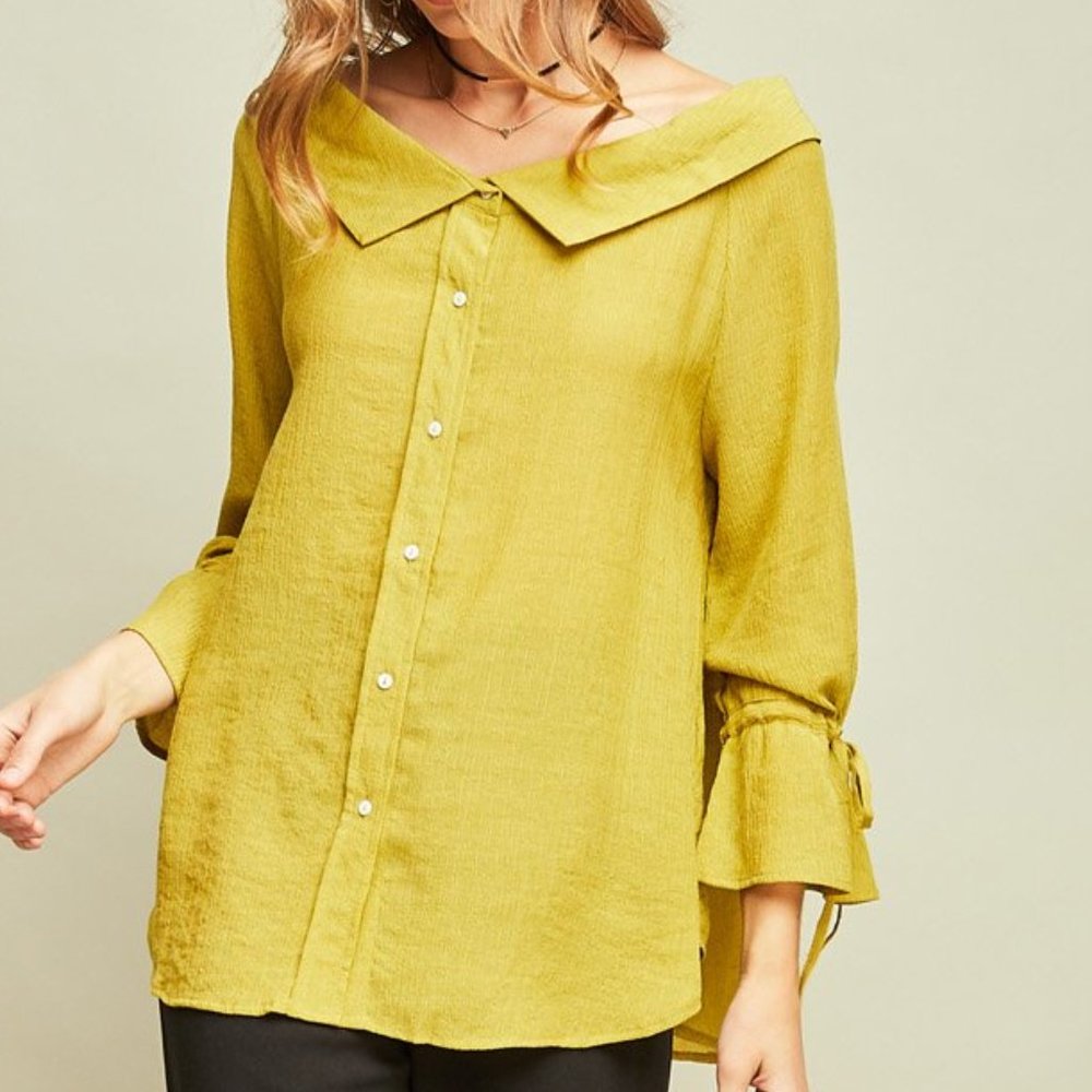 Off Shoulder Button Down Top -Moss - Picture 4 of 7